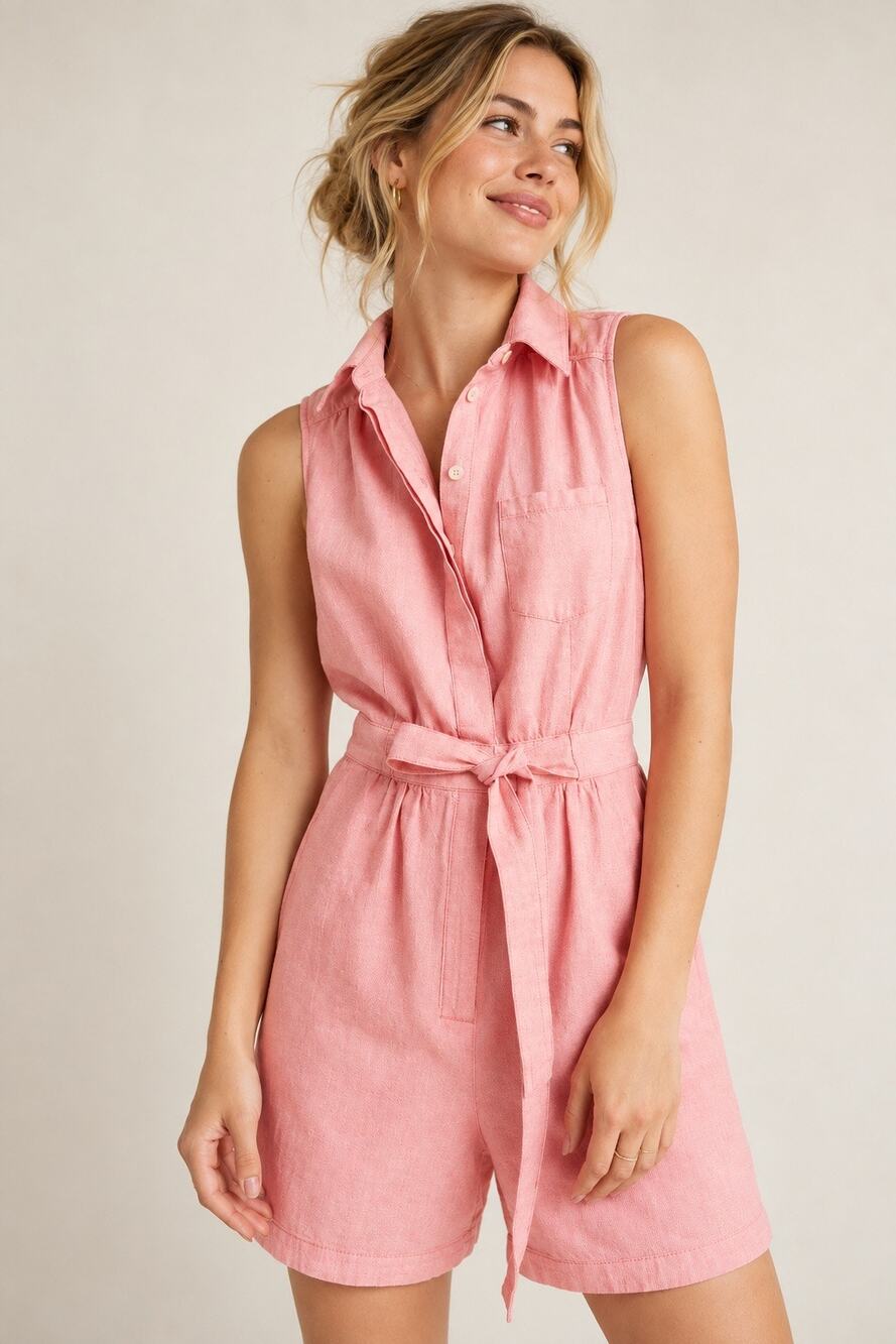 Anthropologie Pink Linen Cotton Collared Belted Romper Sleeveless Pockets Size 2